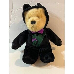 Vintage Halloween Plush Teddy Bear Stuffed Animal Wearing Cat Costume Toy